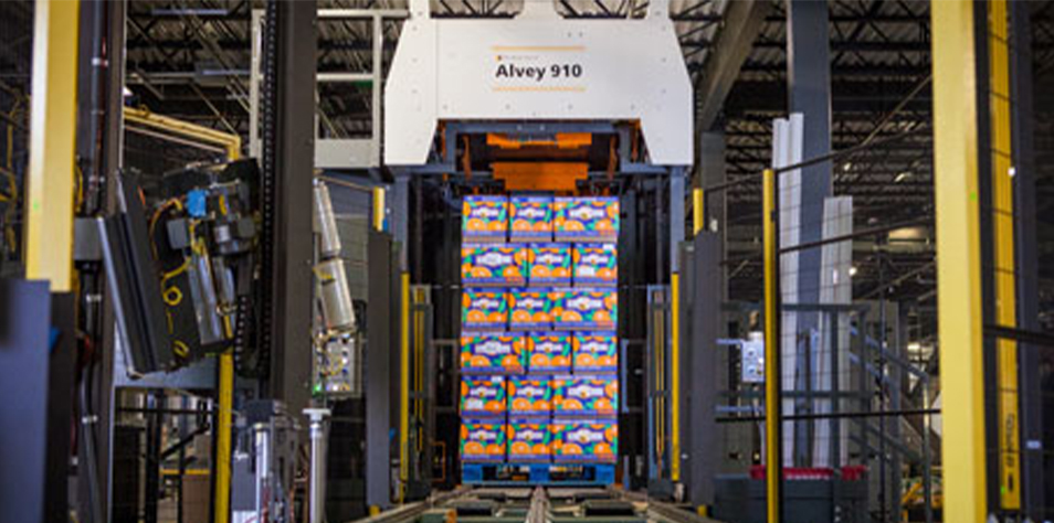 Alvey 910 palletizer with Bee Sweet product
